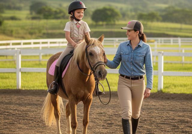 Niña recibiendo clase de equitación con instructor en pista del club ecuestre en Elías Huila