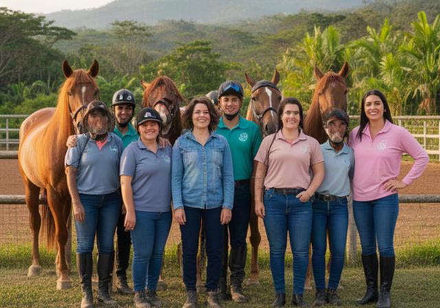 Equipo del club ecuestre junto a los caballos en las instalaciones rurales de Elías Huila