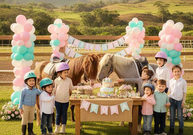 Celebración de cumpleaños infantil al aire libre con decoración ecuestre en el club de Elías Huila