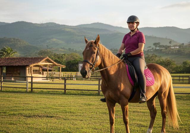 Jinete montando caballo en las instalaciones del club ecuestre en Elías Huila con paisaje rural de fondo